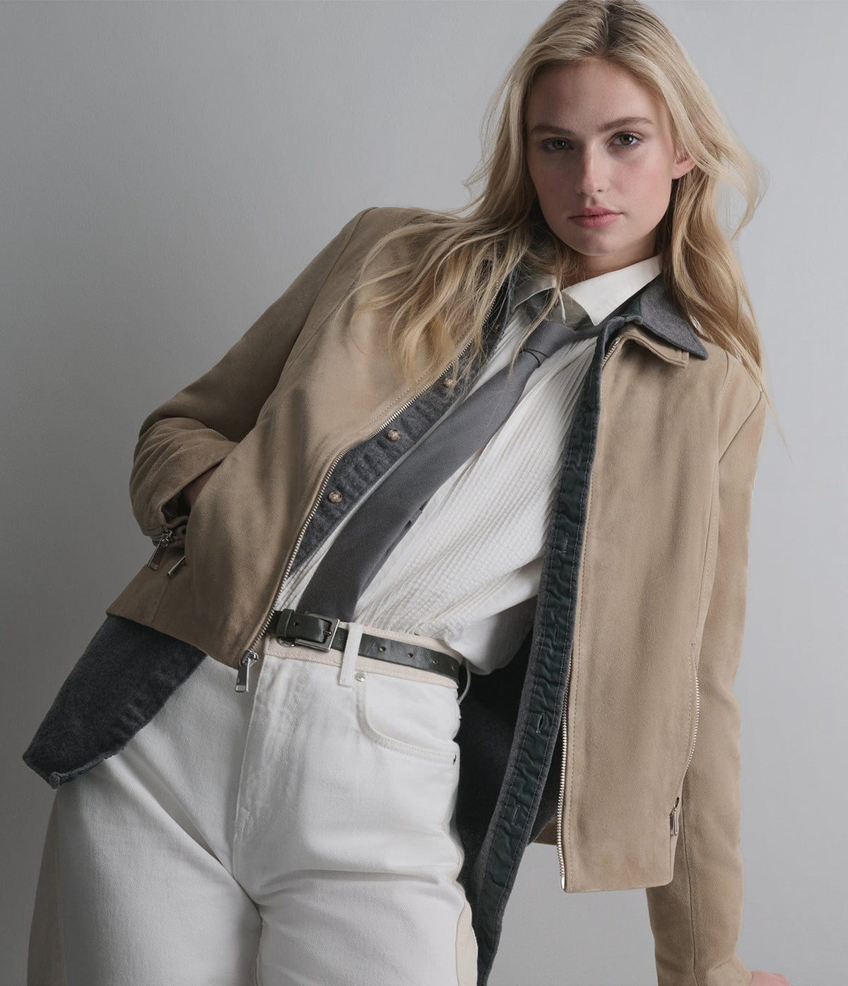 Women's Beige Scuba Suede Leather Jacket - Arcane Fox