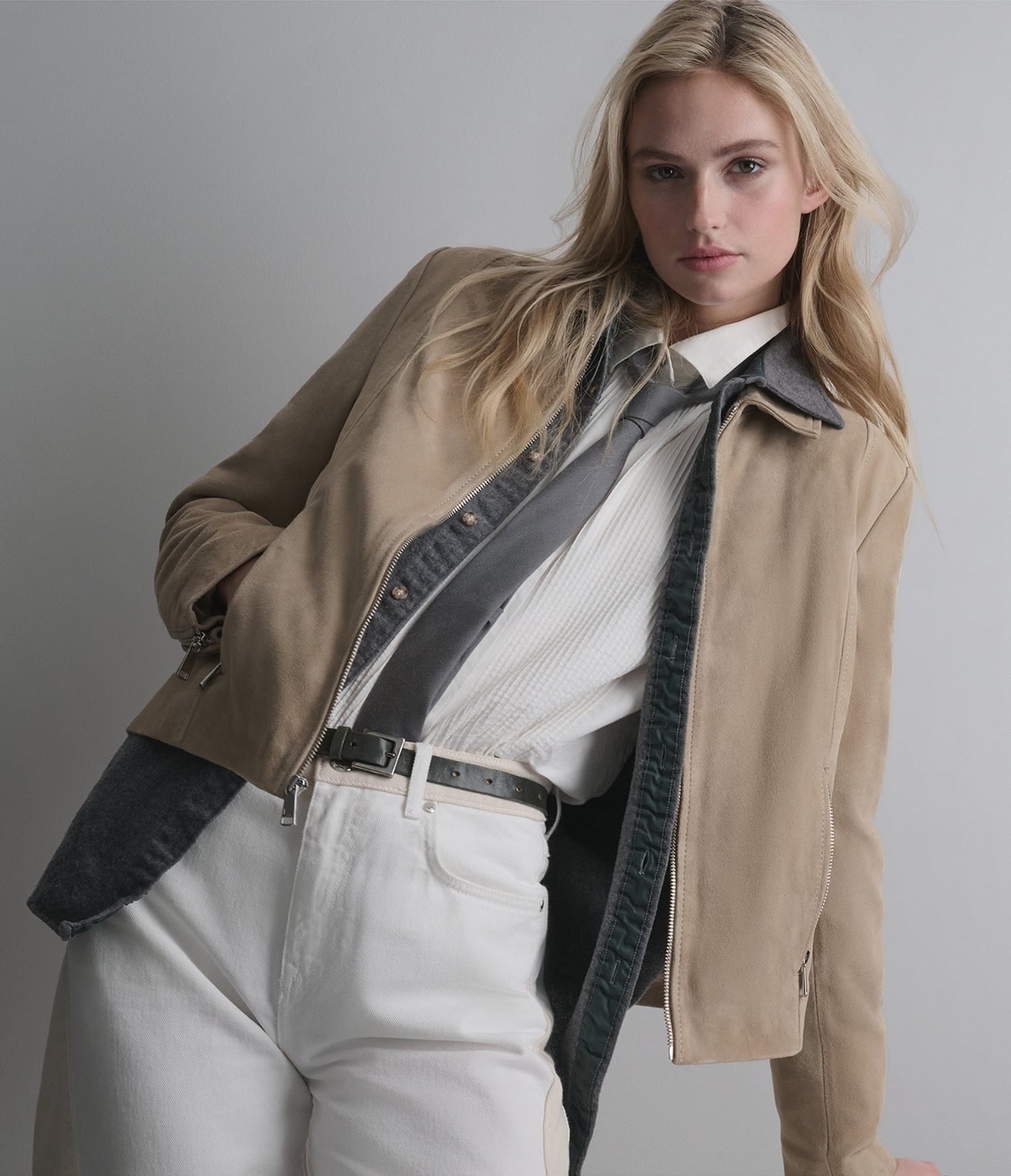 Women's Beige Scuba Suede Leather Jacket - Arcane Fox
