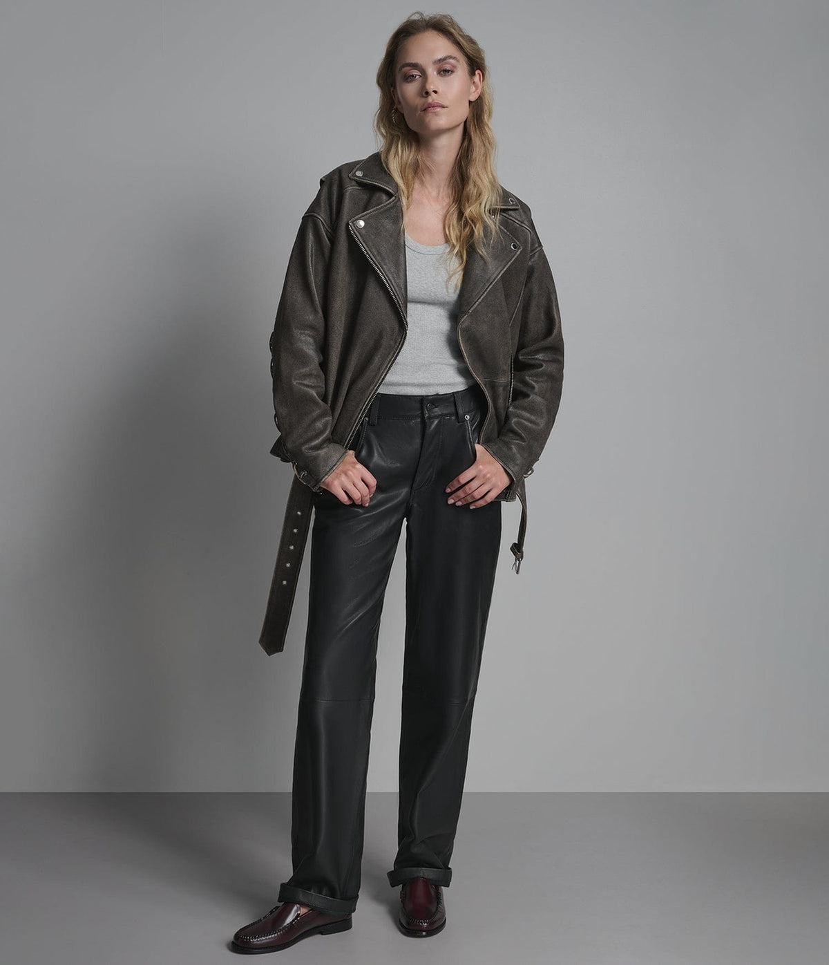 Women's Belted Biker Distressed Leather Jacket - Arcane Fox