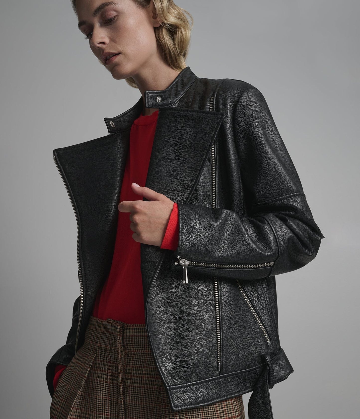 Women's Belted Biker Leather Jacket In Black - Arcane Fox