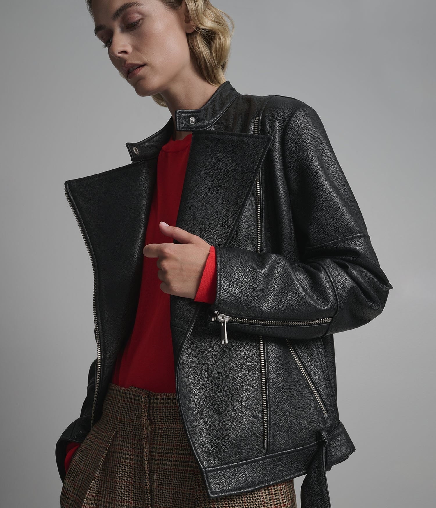 Women's Belted Biker Leather Jacket In Black - Arcane Fox