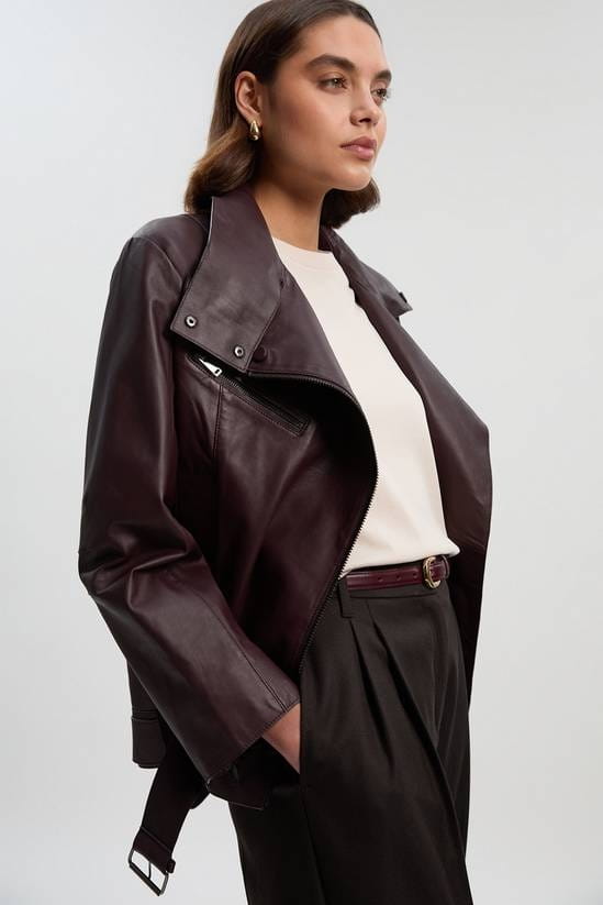 Women's Belted Biker Leather Jacket In Burgundy - Arcane Fox