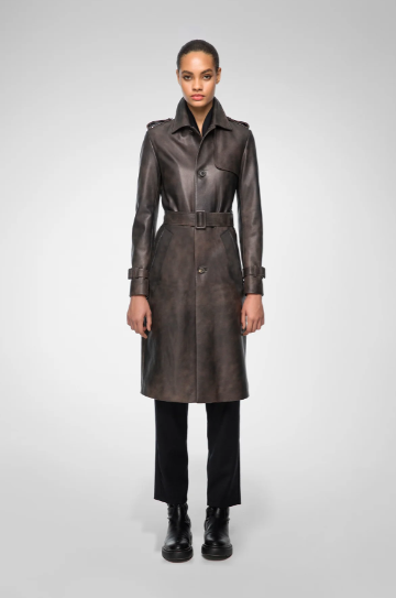 Women's Belted Leather Coat In Coffee Brown