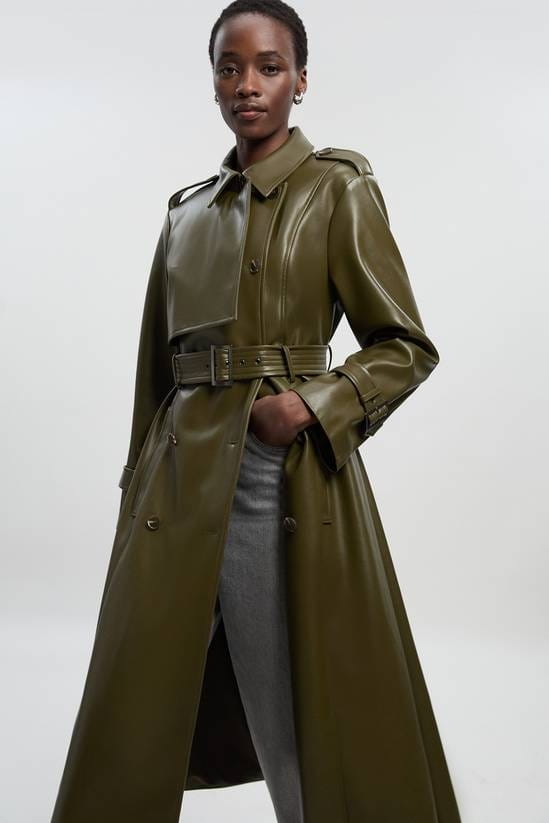 Women's Belted Leather Trench Coat In Olive - Arcane Fox