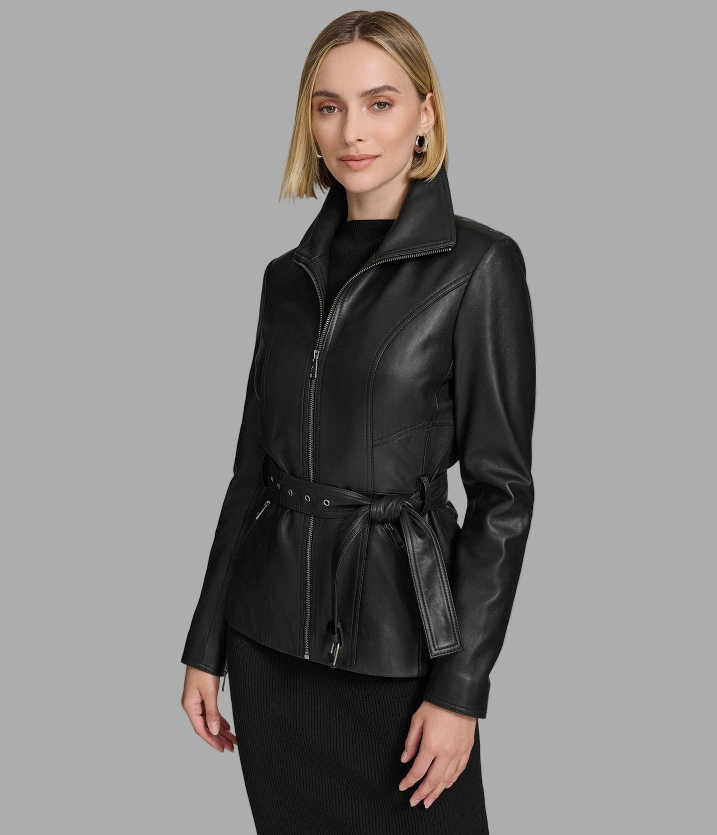 Women's Belted Scuba Black Leather Jacket - Arcane Fox