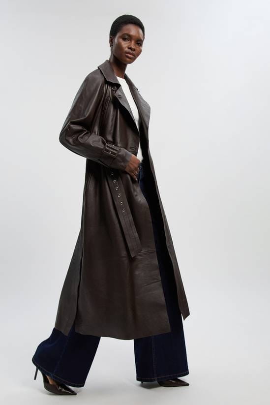Women's Belted Trench Leather Coat In Chocolate Brown - Arcane Fox
