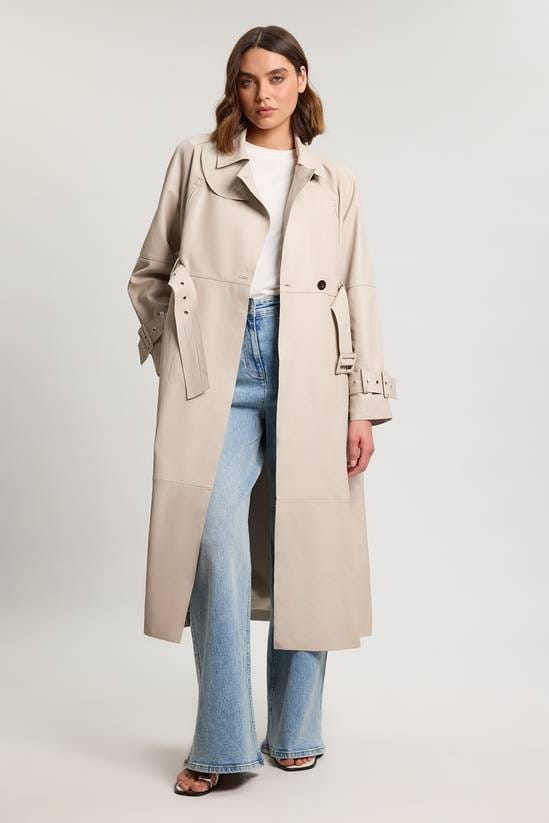 Women's Belted Trench Off White Leather Coat - Arcane Fox