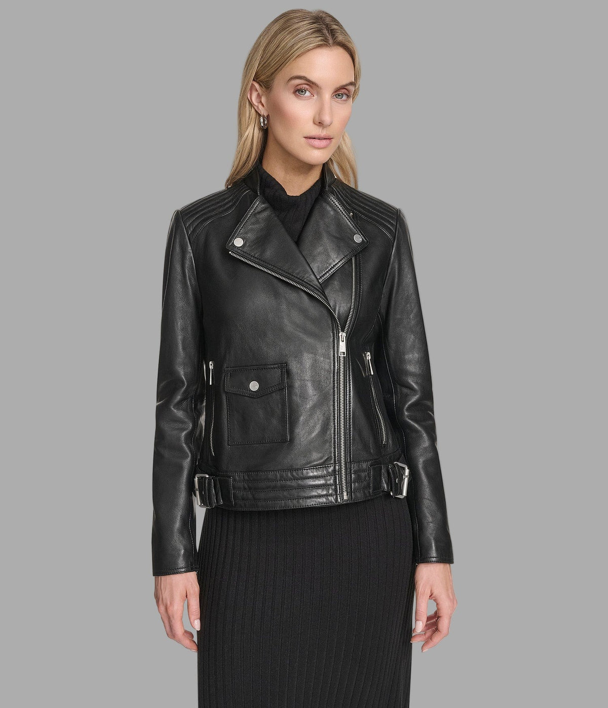 Women's Biker Black Leather Jacket - Acane Fox