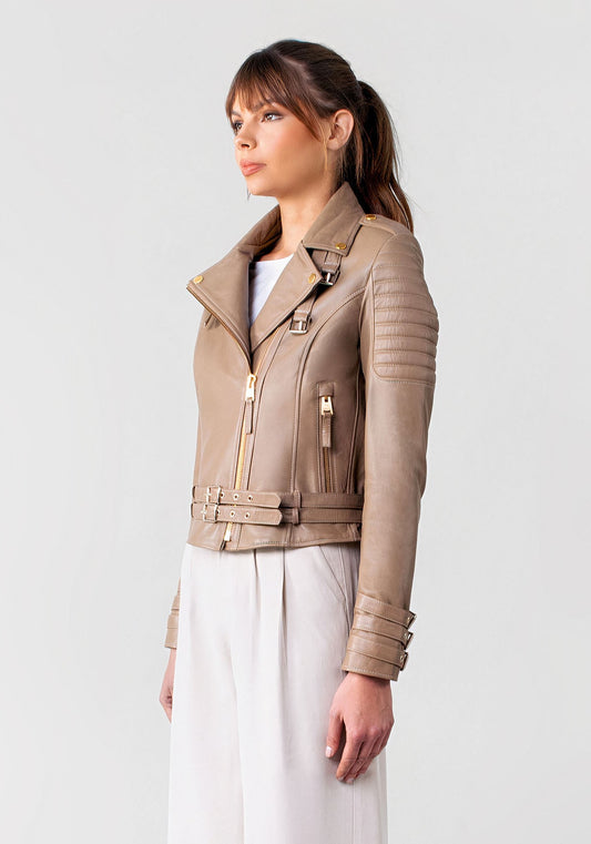 Women's Biker Cafe Racer Leather Jacket In Beige