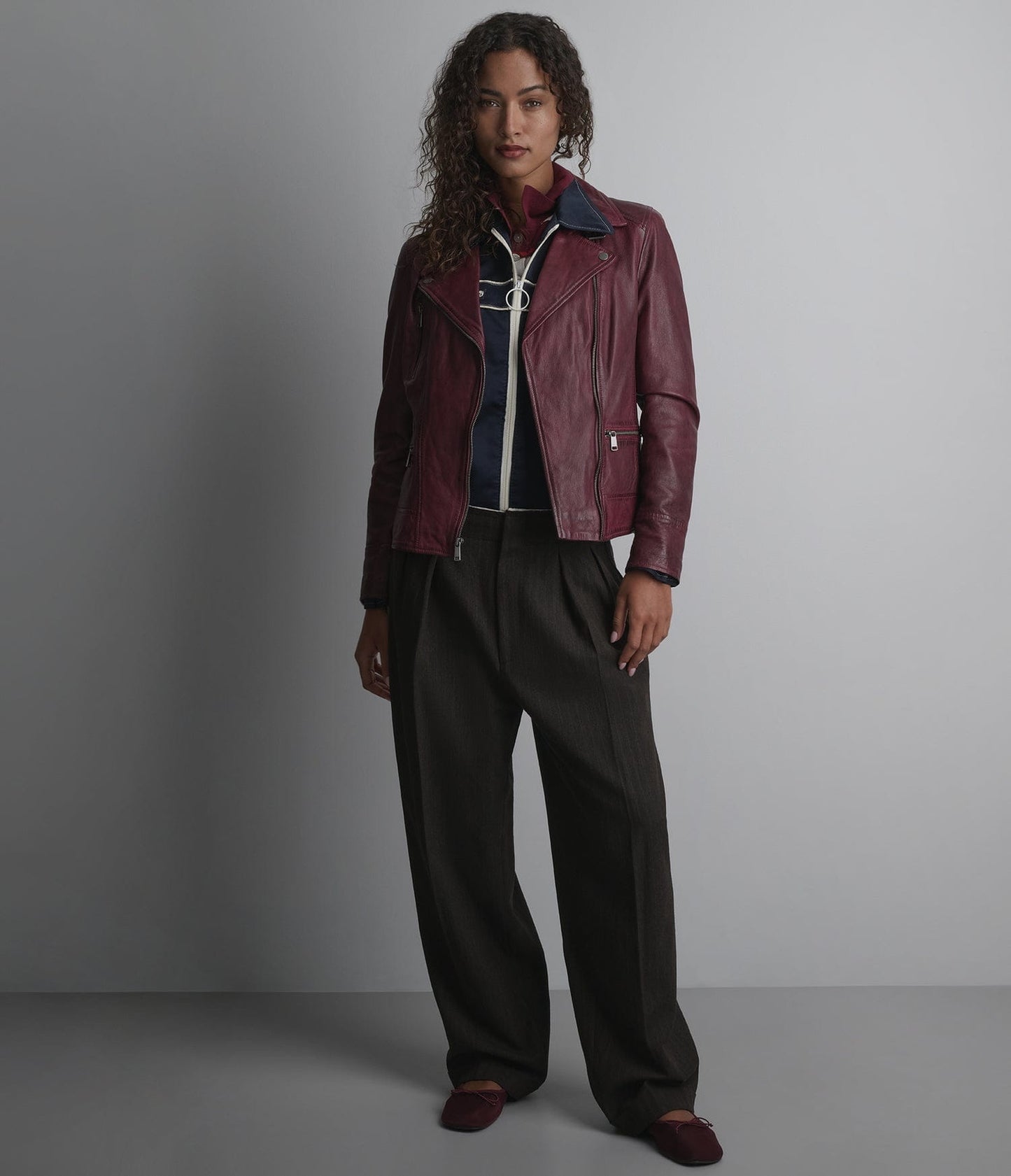 Women's Biker Cafe Racer Leather Jacket In Burgundy - Arcane Fox