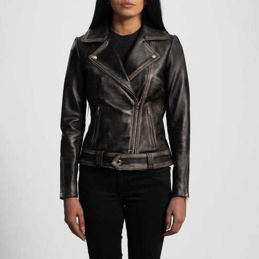 Women's Biker Distressed Leather Jacket In Black