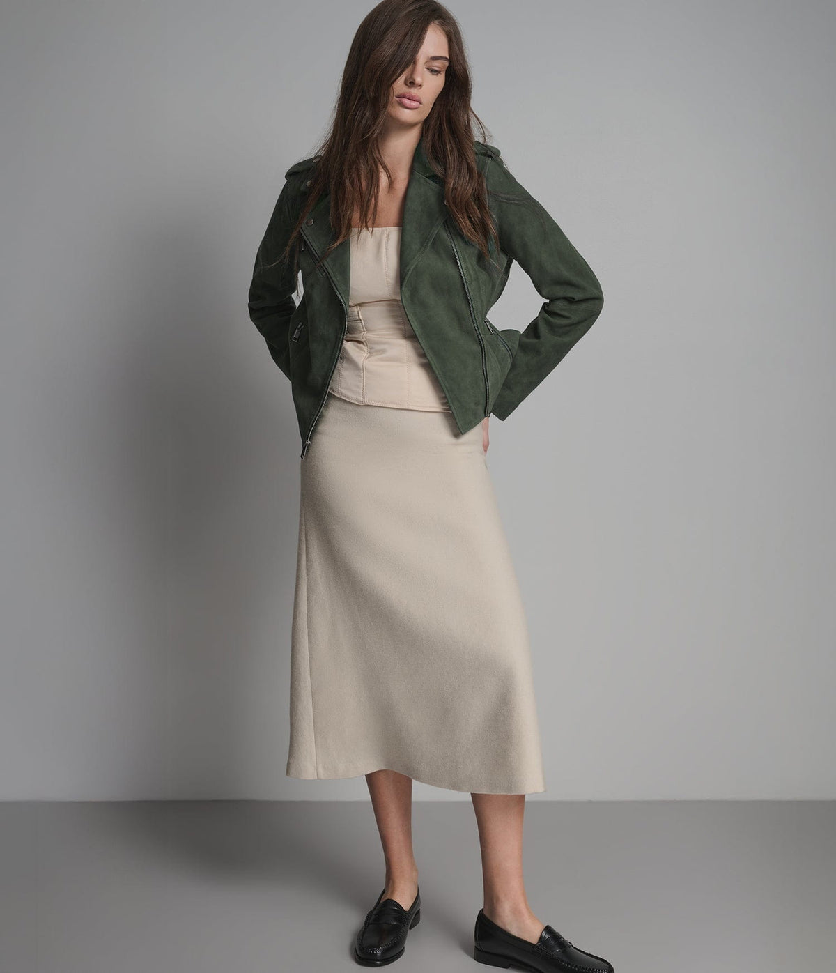 Women's Biker Suede Leather Jacket In Olive - Arcane Fox