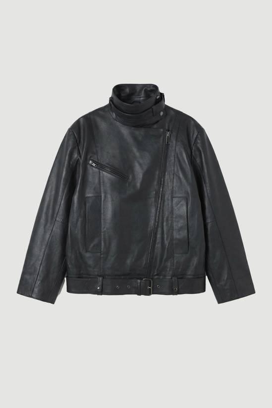 Women's Black Belted Motorcycle Leather Jacket - Arcane Fox