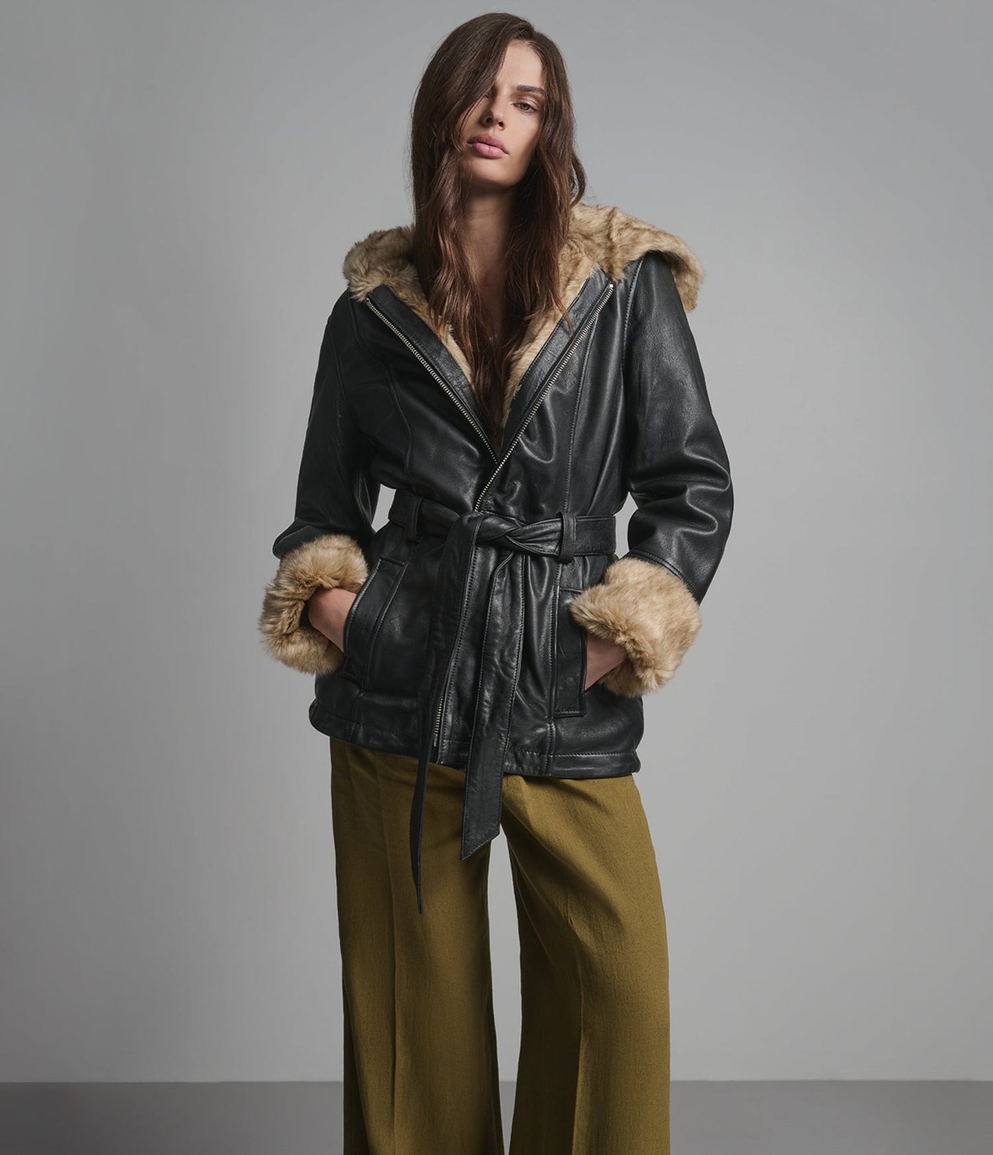 Women's Black Belted Shearling Leather Jacket With Hood