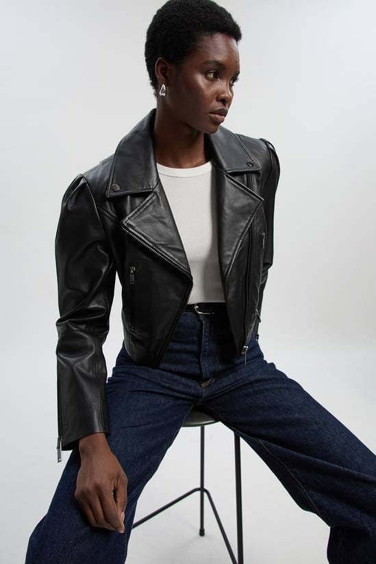 Women's Black Cropped Biker Leather Jacket - Arcane Fox