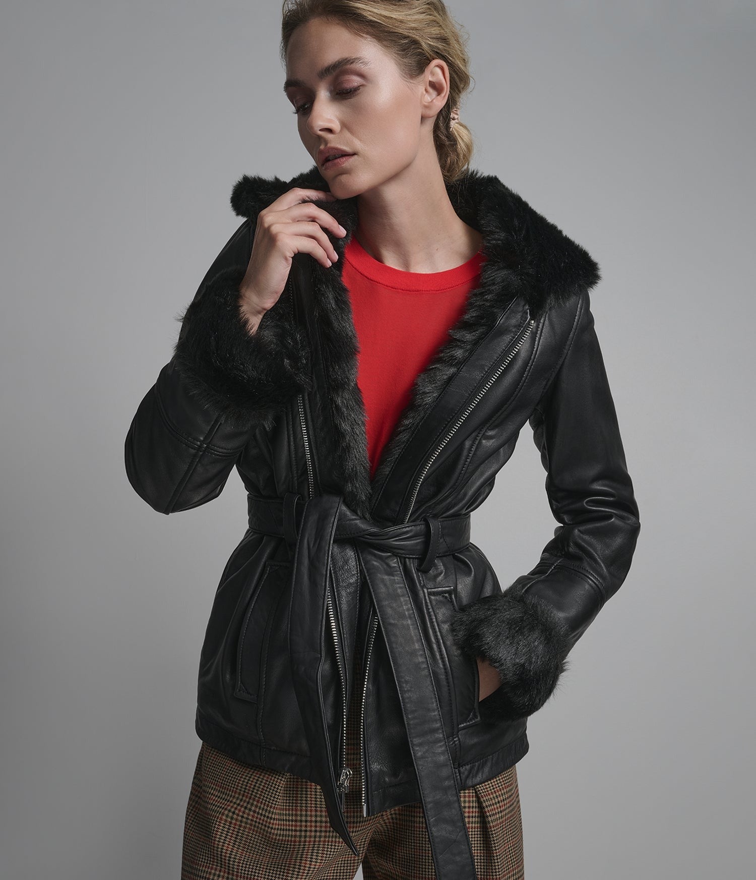 Women's Black Hooded Shearling Leather Jacket With Belted Waist - Arcane Fox 