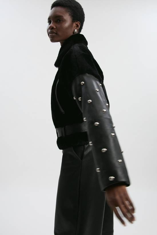 Women's Black Shearling Studded Leather Jacket With Belted Waist - Arcane Fox