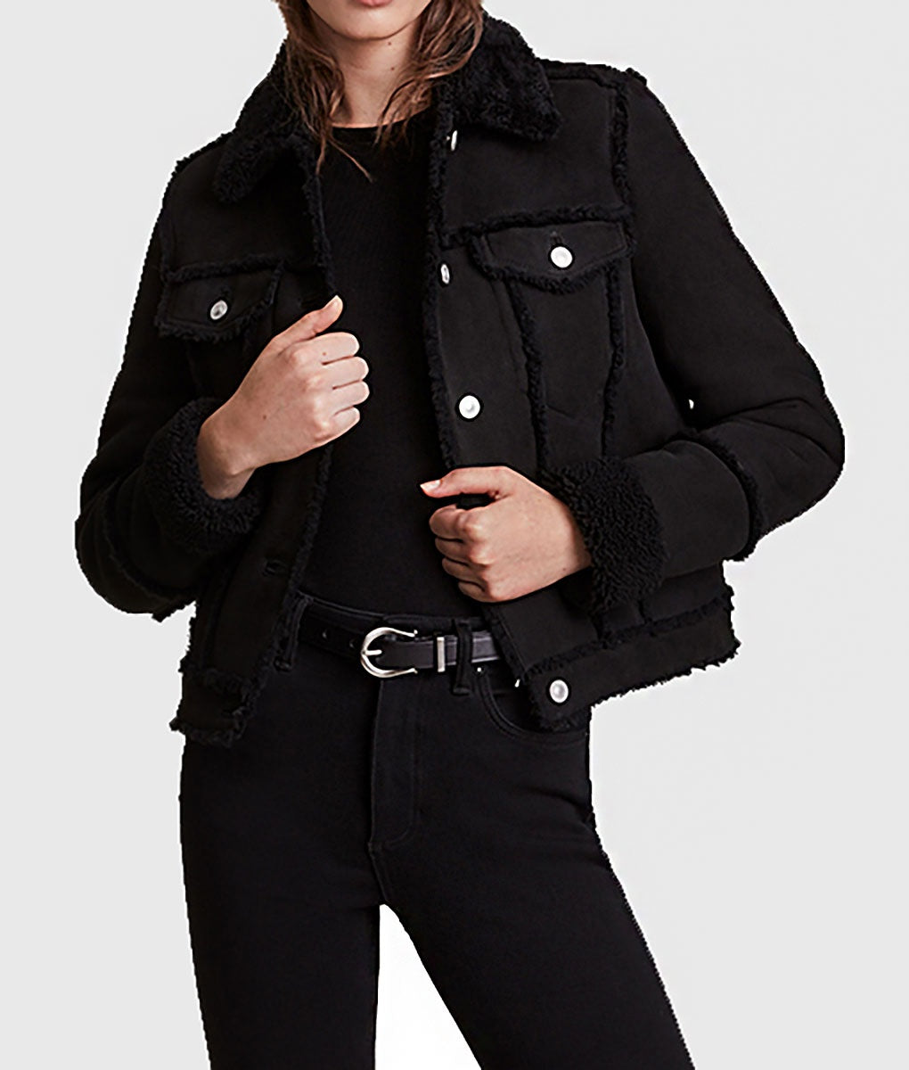 Women's Black Suede Trucker Leather Jacket