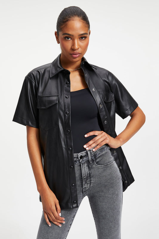 Women's Black Trucker Leather Shirt In Half Sleeve