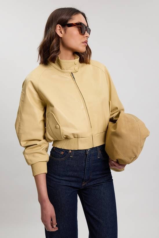 Women's Bomber Cropped Leather Jacket In Lemon - Arcane Fox