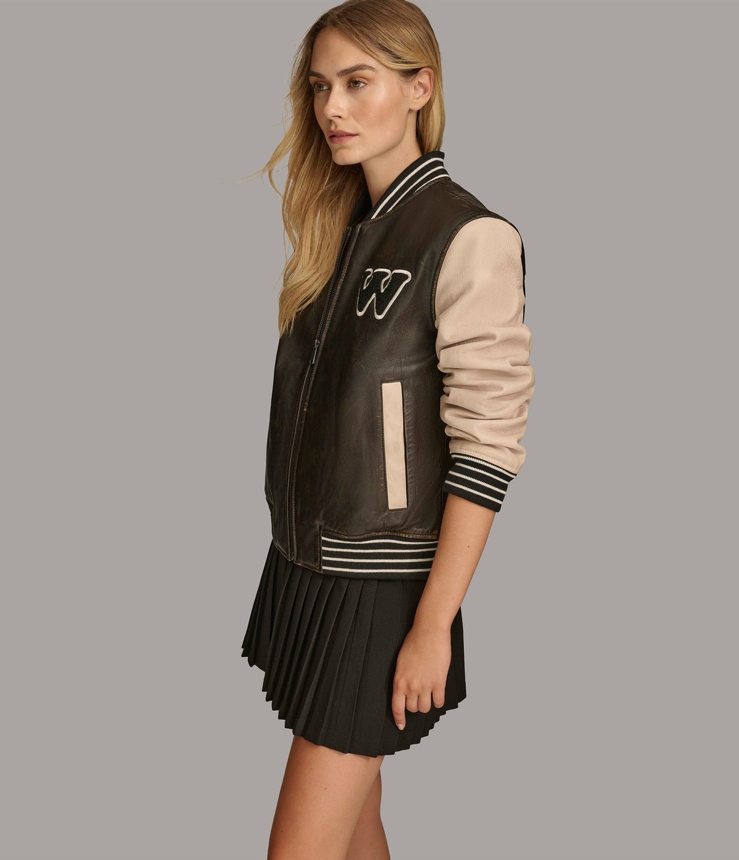 Women's Bomber Varsity Leather Jacket In Chocolate Brown & Beige Sleeves - Arcane Fox