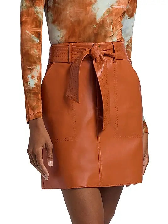 Women's Brown Belted Leather Mini Skirt