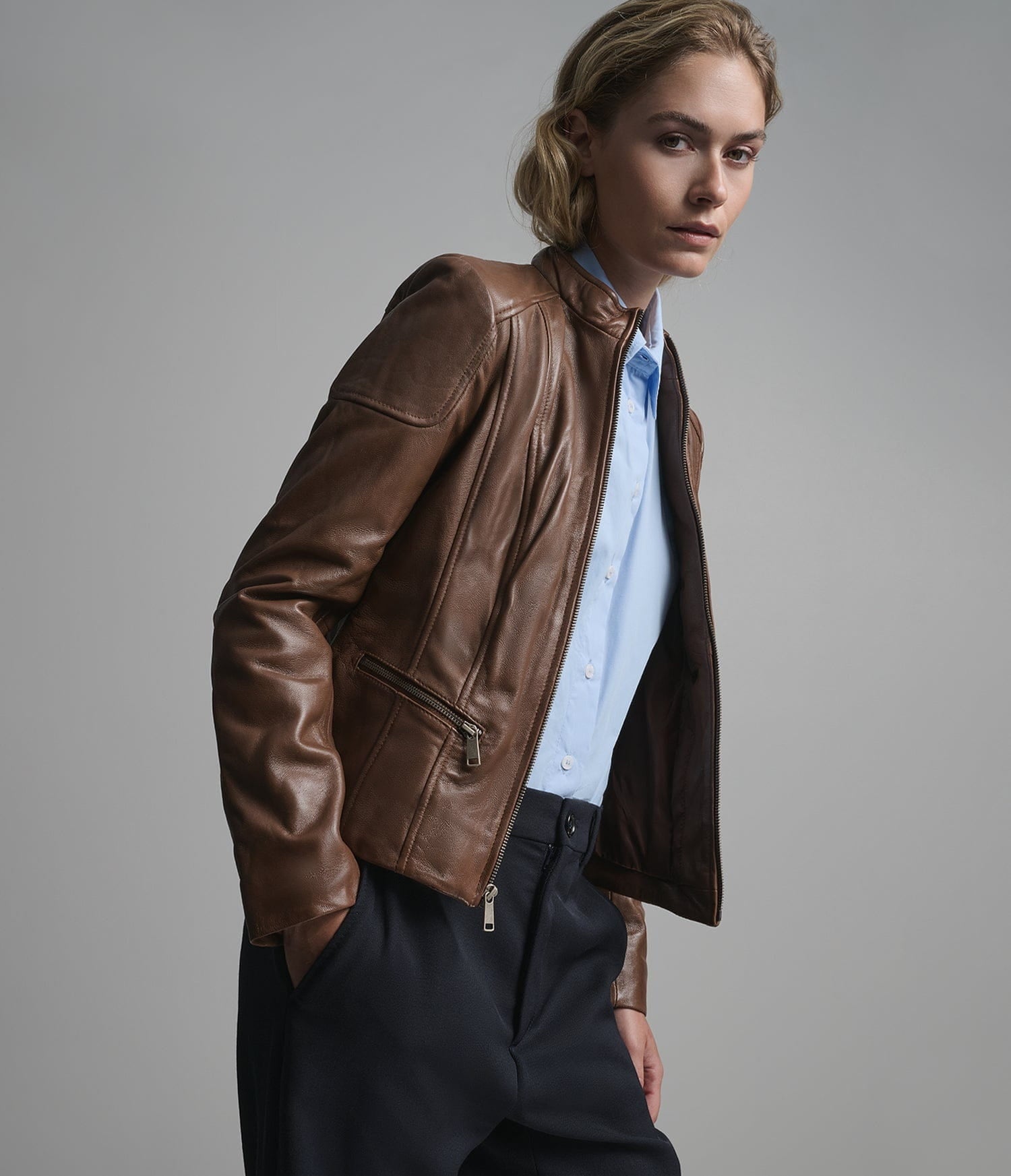 Women's Brown Biker Cafe Racer Leather Jacket - Arcane Fox