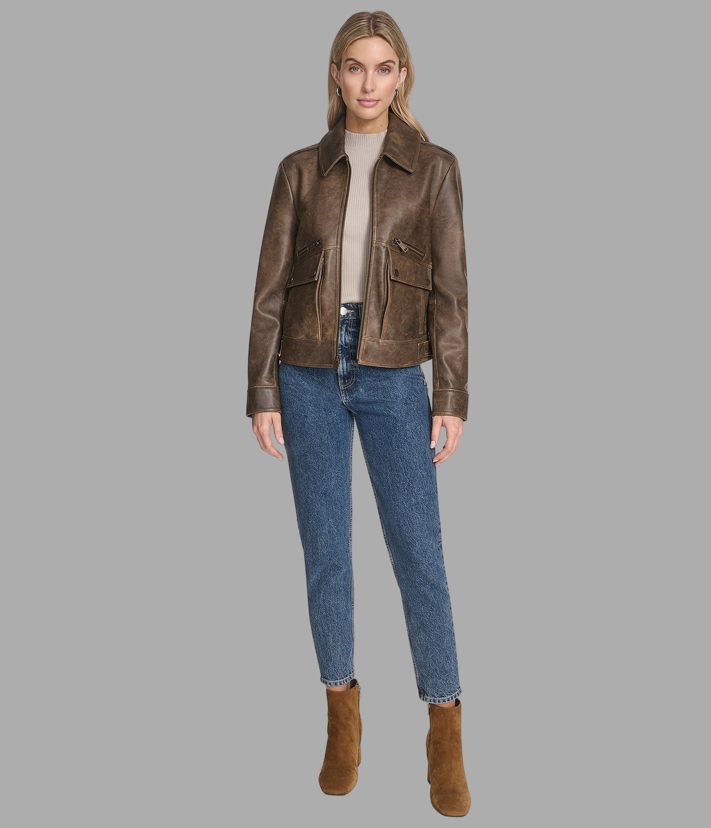 Women's Brown Harrington Distressed Leather Jacket - Arcane Fox