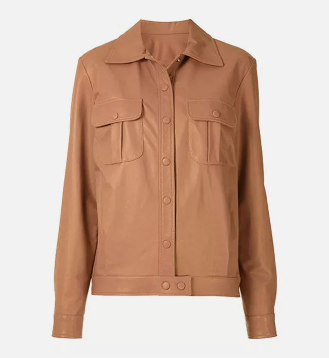 Women's Brown Lambskin Trucker Leather Jacket - Arcane Fox