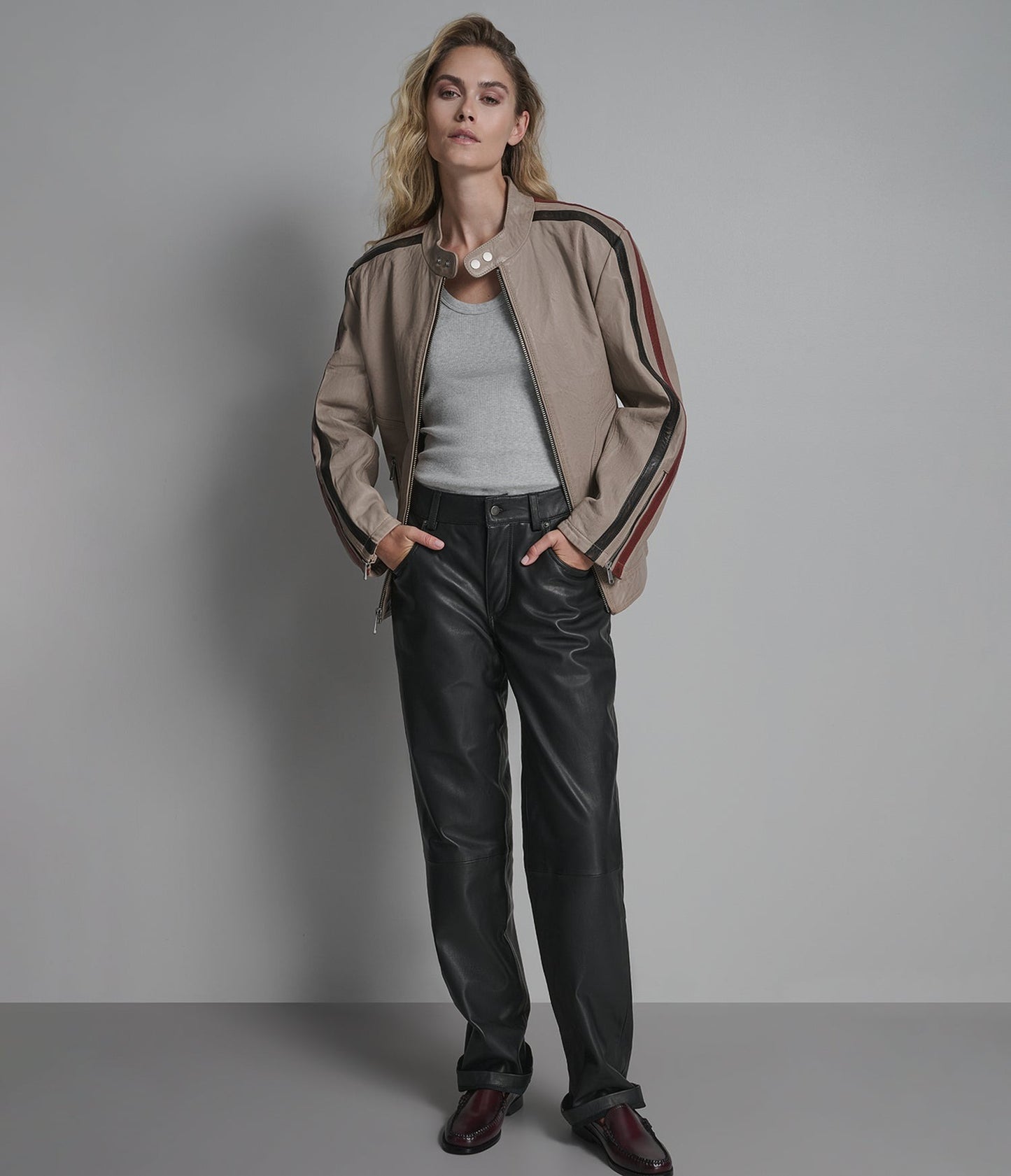 Women's Cafe Racer Leather Jacket in Beige - Arcane Fox