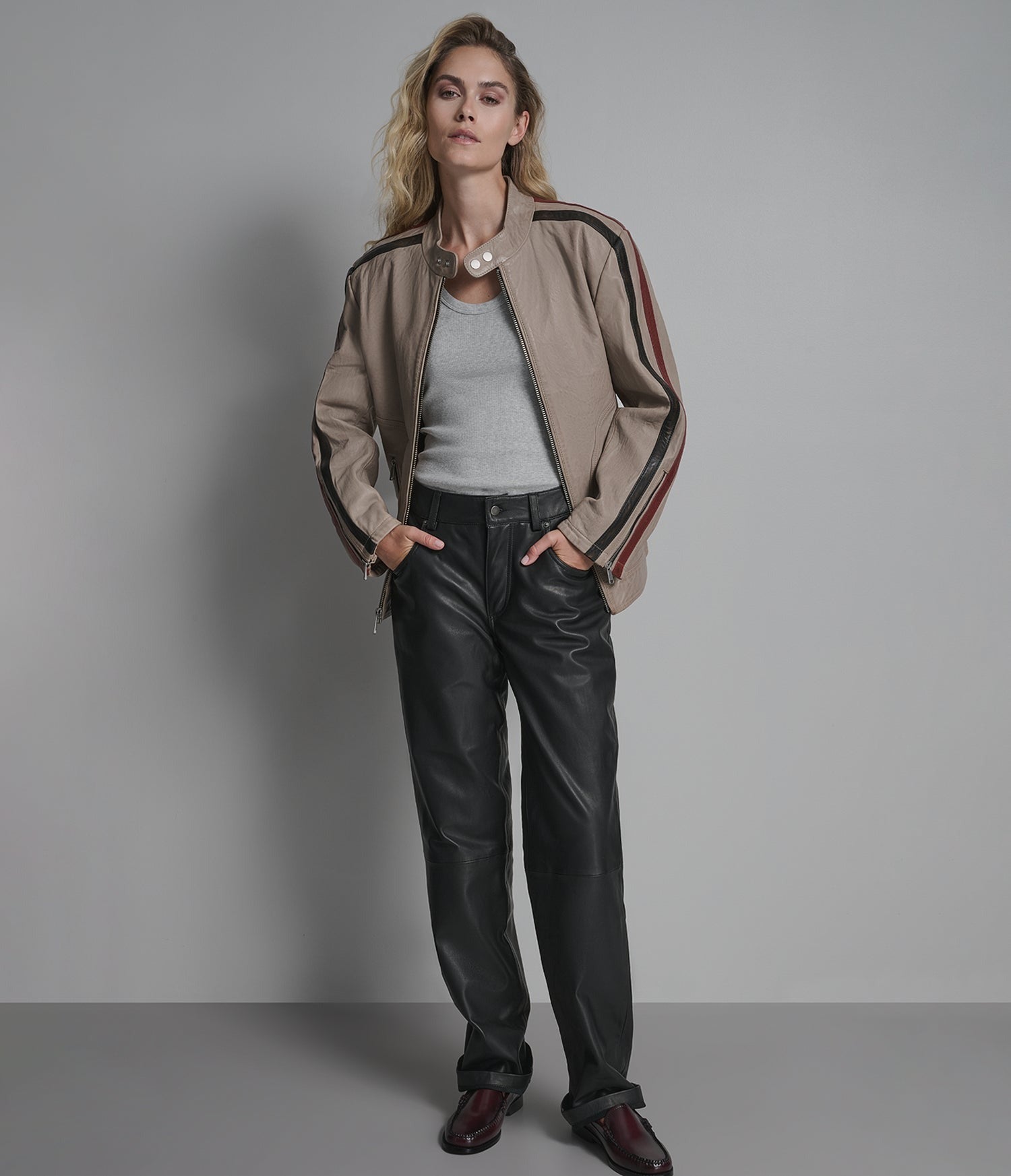 Women's Cafe Racer Leather Jacket in Beige - Arcane Fox
