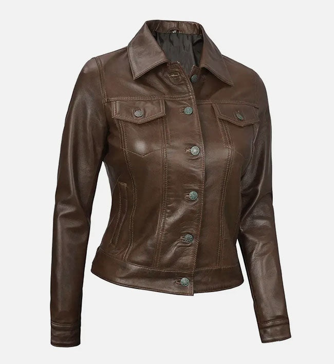 Women's Chocolate Brown Trucker Leather Jacket