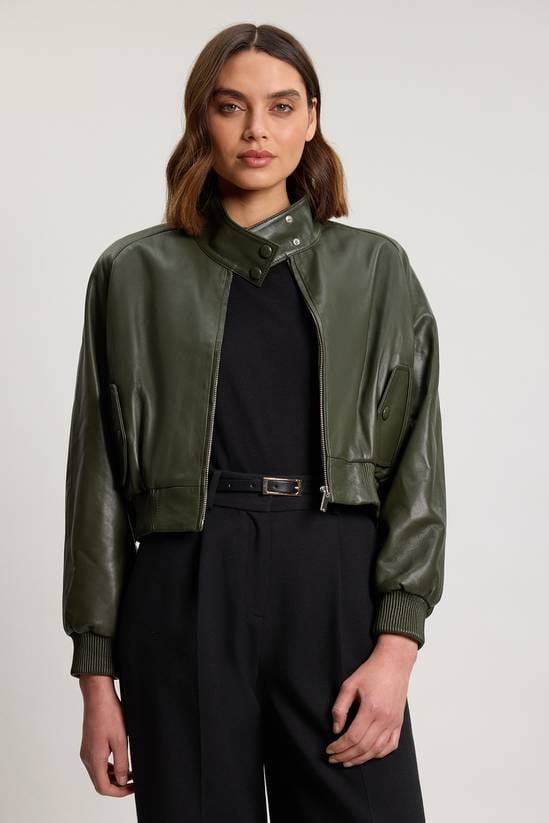 Women's Cropped Bomber Leather Jacket In Dark Green - Arcane Fox