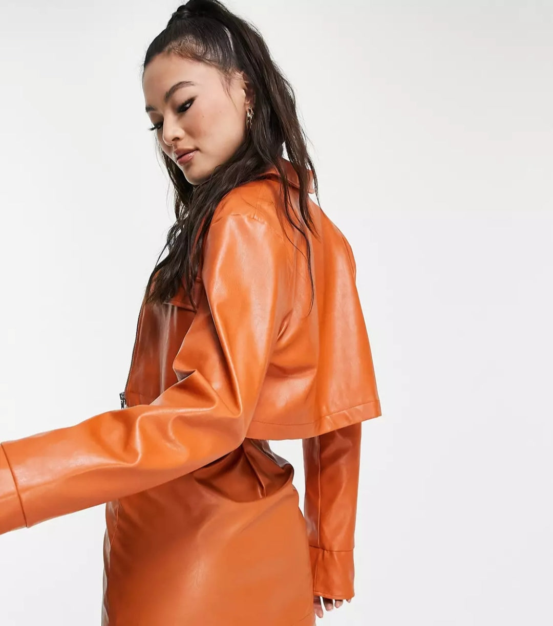 Women's Cropped Full Sleeve Leather Shirt In Orange