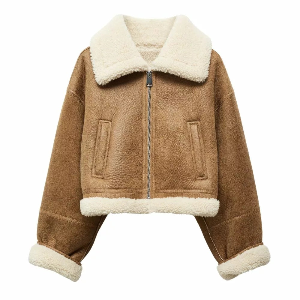 Women's Cropped Fur B7 Brown Leather Jacket