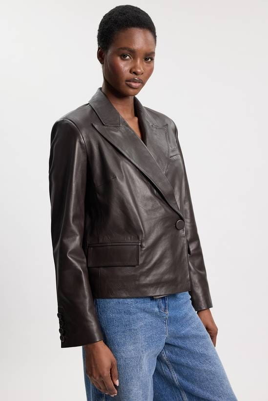 Women's Cropped Leather Blazer In Chocolate Brown - Arcane Fox