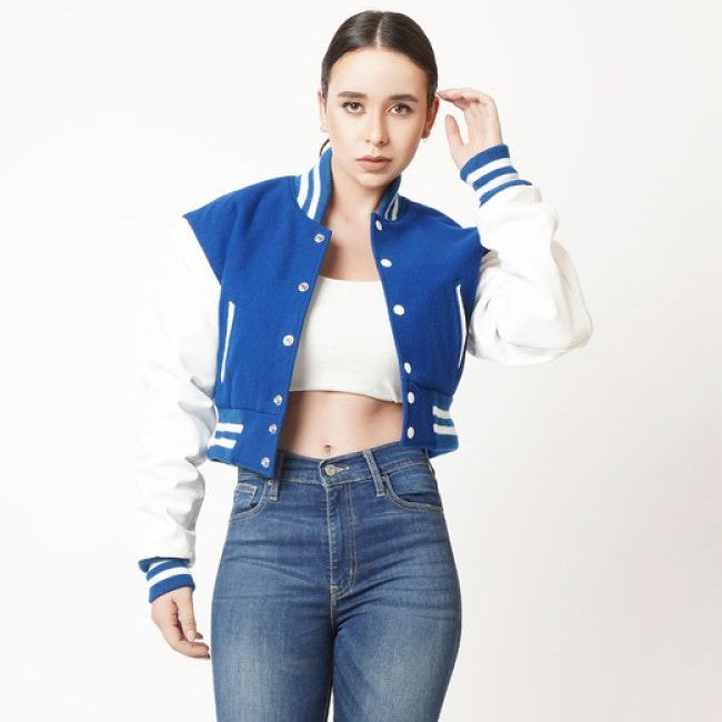 Women's Cropped Letterman Leather Jacket In Blue & White Sleeves
