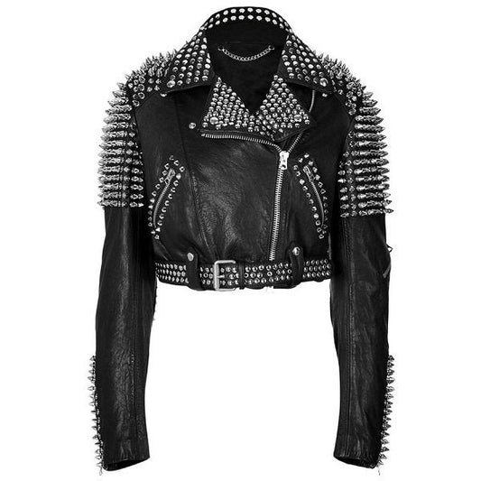 Women's Cropped Studded Leather Jacket In Black With Belted Waist