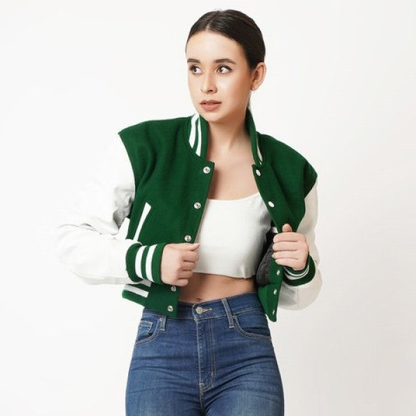 Women's Cropped Varsity Leather Jacket In Green & White Sleeves