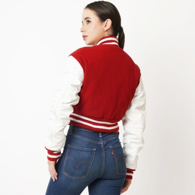 Women's Cropped Varsity Leather Jacket In Red & White Sleeves