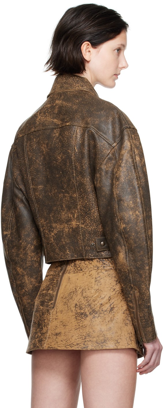 Women's Distressed Trucker Leather Jacket In Dark Brown