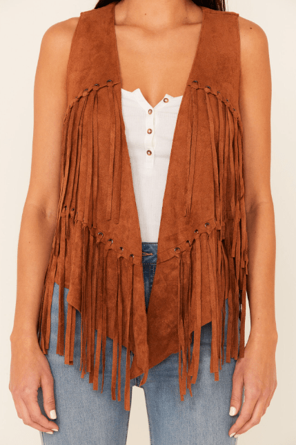 Women's Fringe Suede Leather Vest In Brown