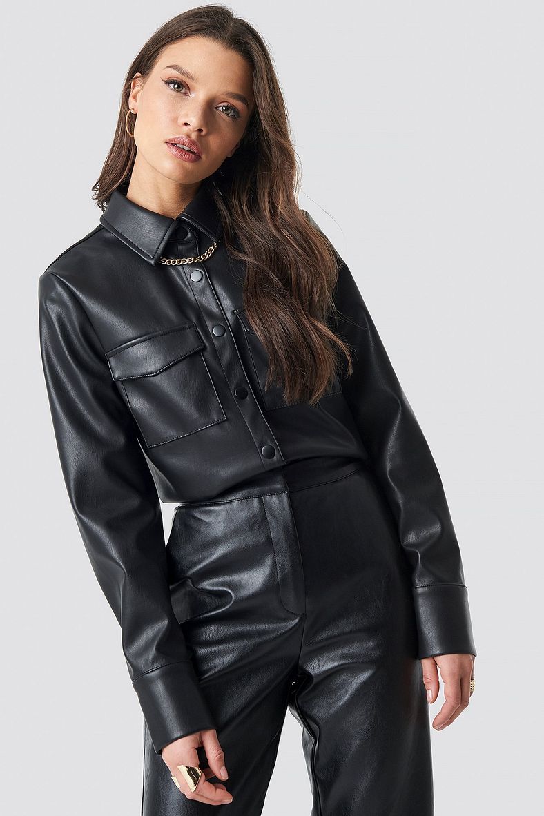 Women's Full Sleeve Trucker Leather Shirt In Black