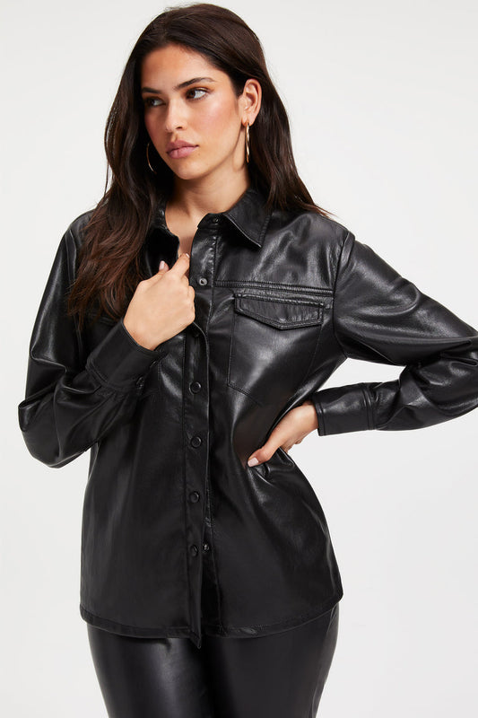 Women's Full Sleeve Leather Trucker Shirt In Black