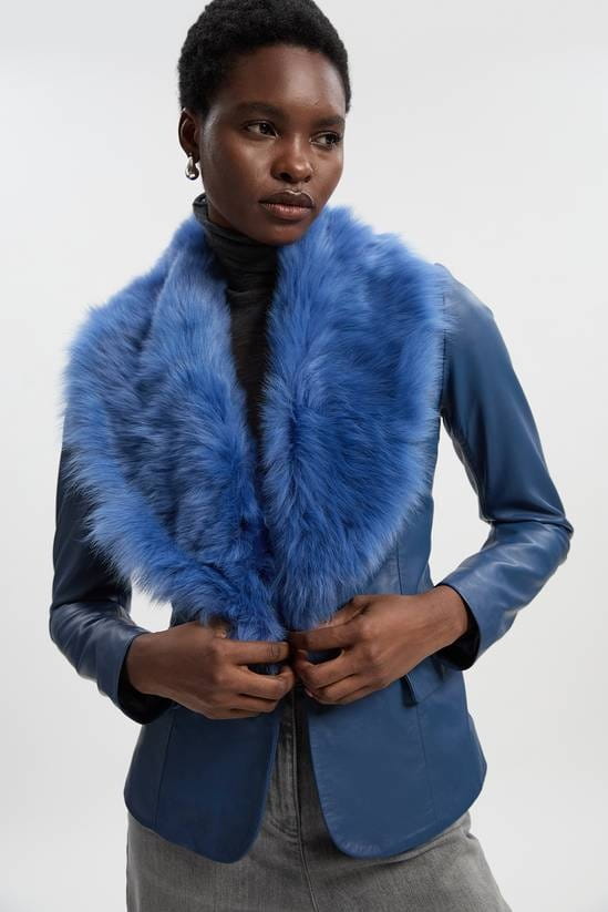 Women's Fur Leather Blazer In Blue - Arcane Fox