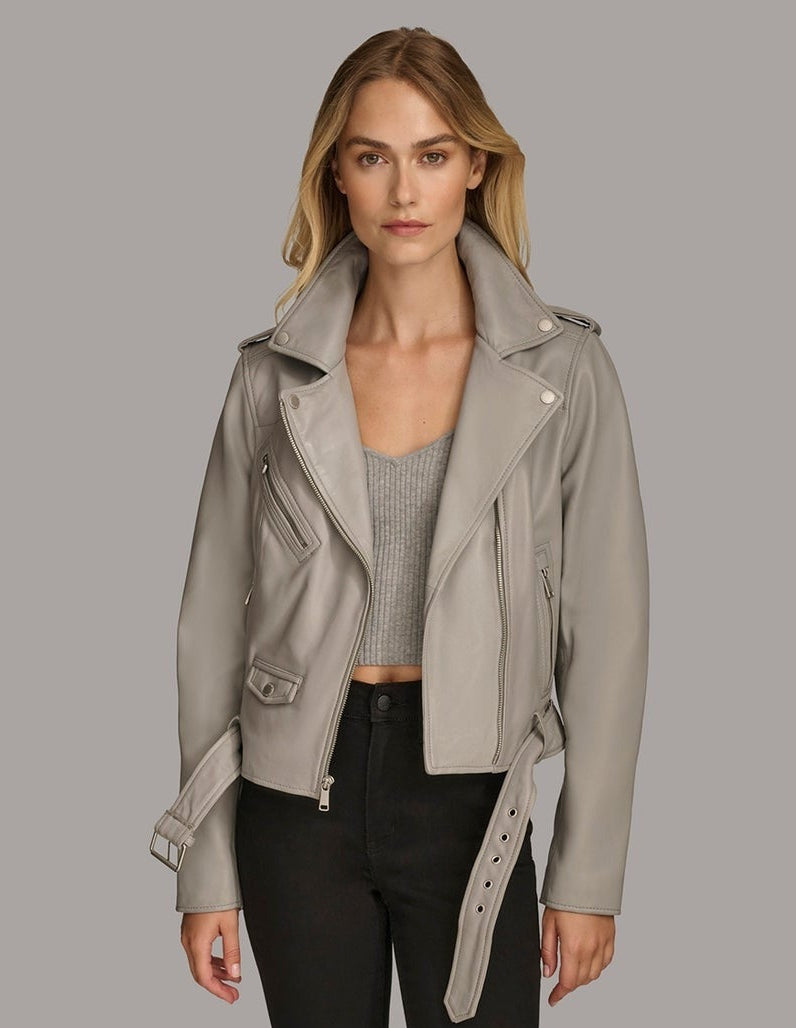 Women's Gray Belted Biker Leather Jacket - Arcaane Fox