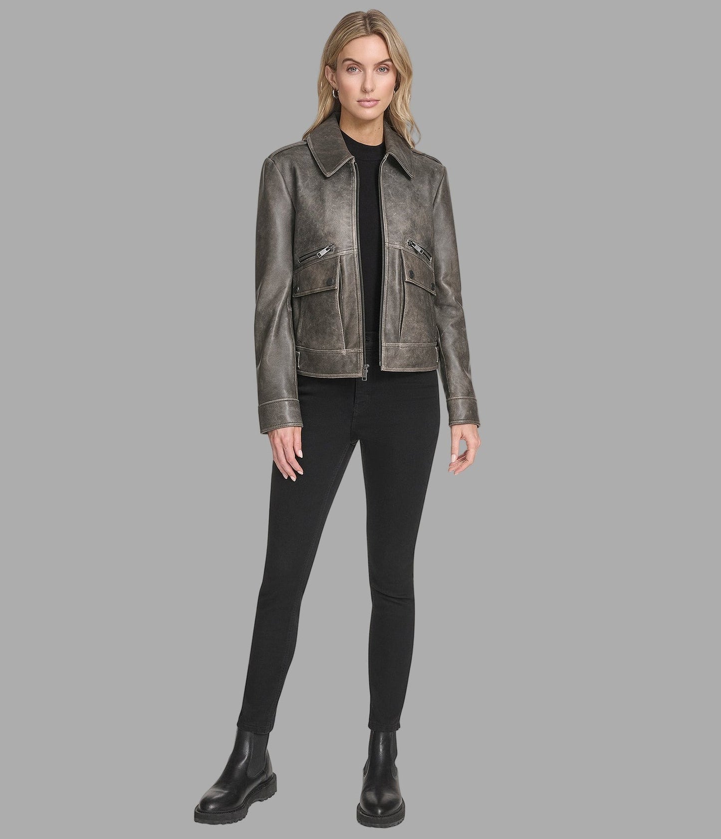 Women's Gray Distressed Harrington Leather Jacket - Arcane Fox