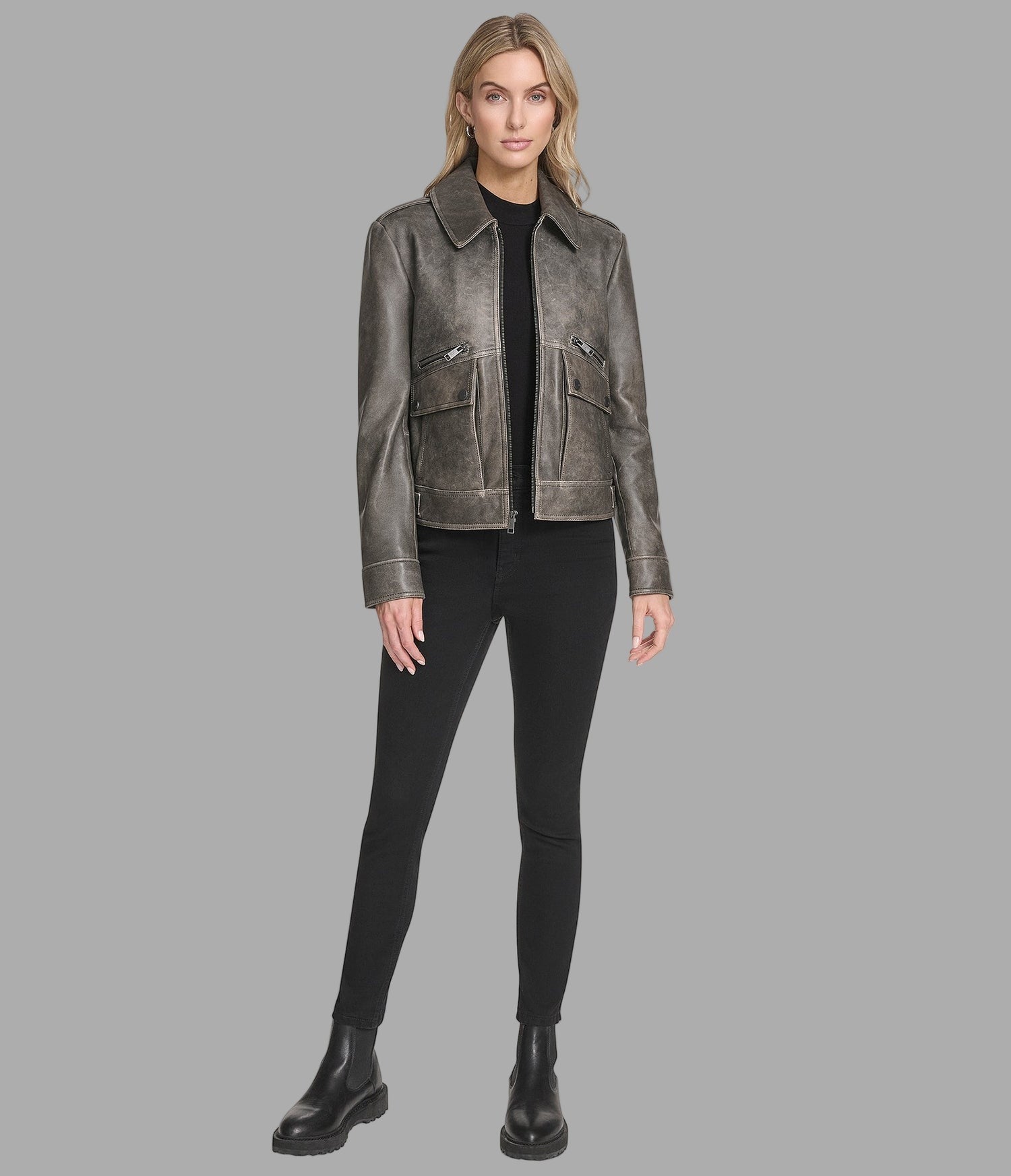Women's Gray Distressed Harrington Leather Jacket - Arcane Fox