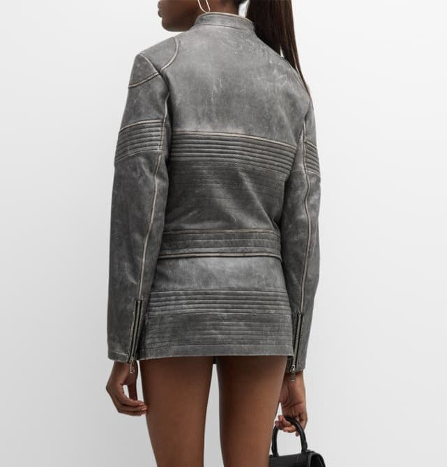 Women's Gray Distressed Leather Jacket