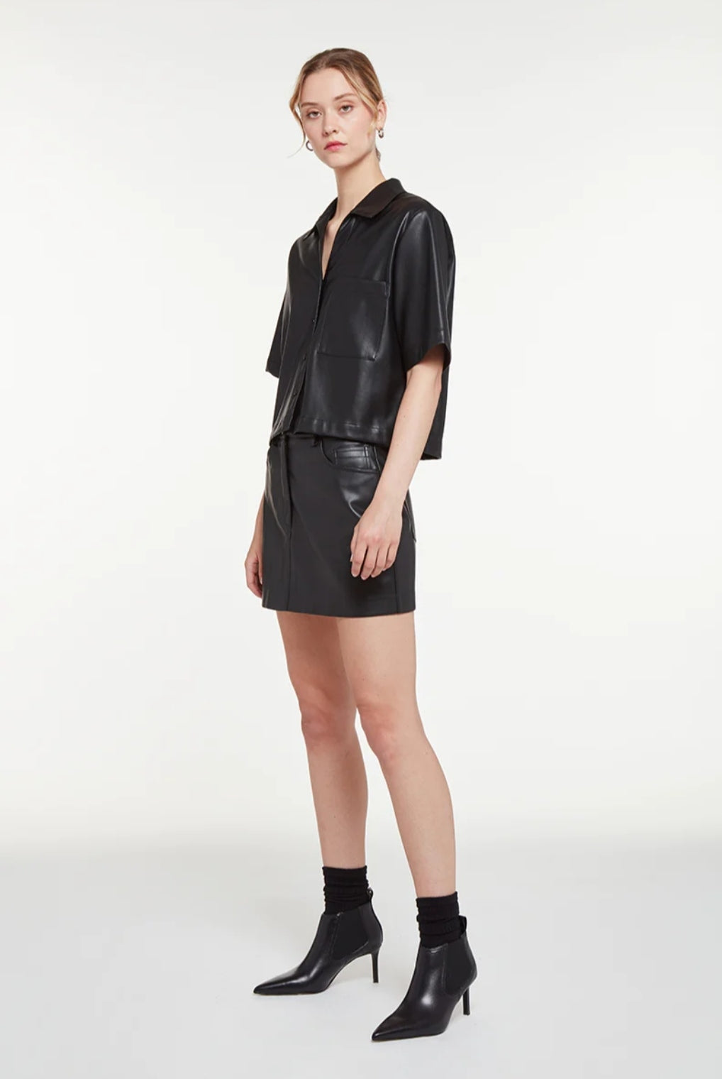 Women's Half Sleeve Short Leather Shirt In Black